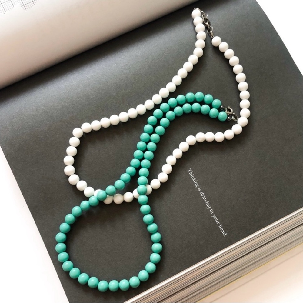 Restrung 1950s White and Turquoise Lucite Acrylic Beaded Twinset Necklaces